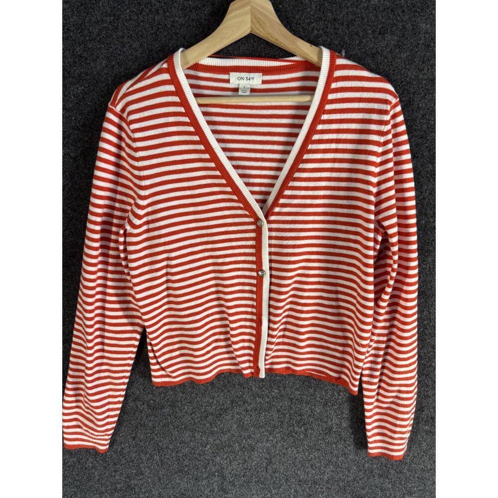 Macy's On 34th Red & White Striped V-Neck Cardigan Sweater Jewel Buttons